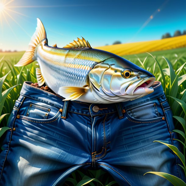 Illustration of a haddock in a jeans on the field