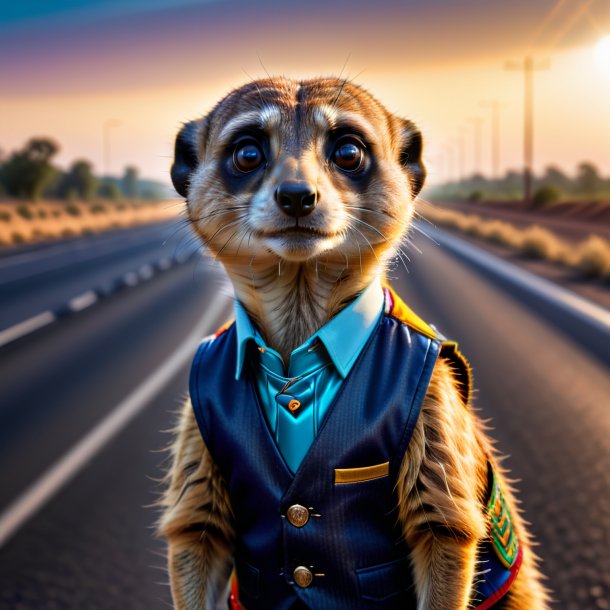 Foto de um meerkat em um colete na rodovia