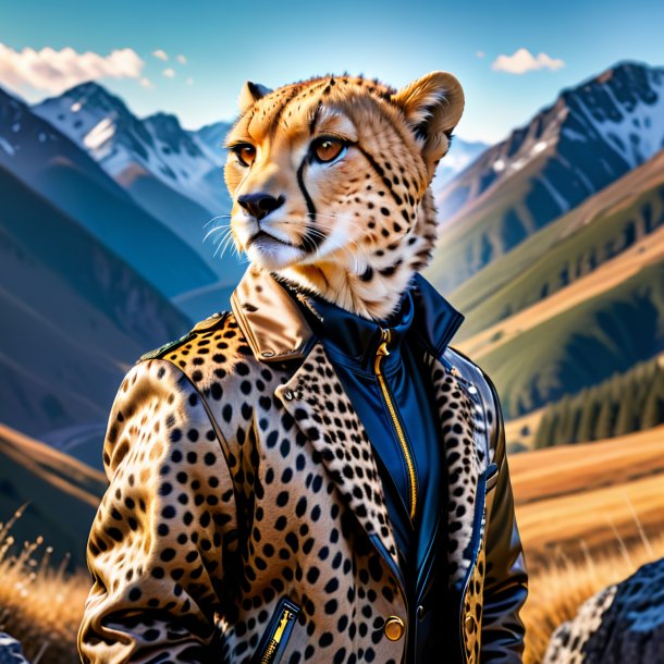 Photo of a cheetah in a jacket in the mountains