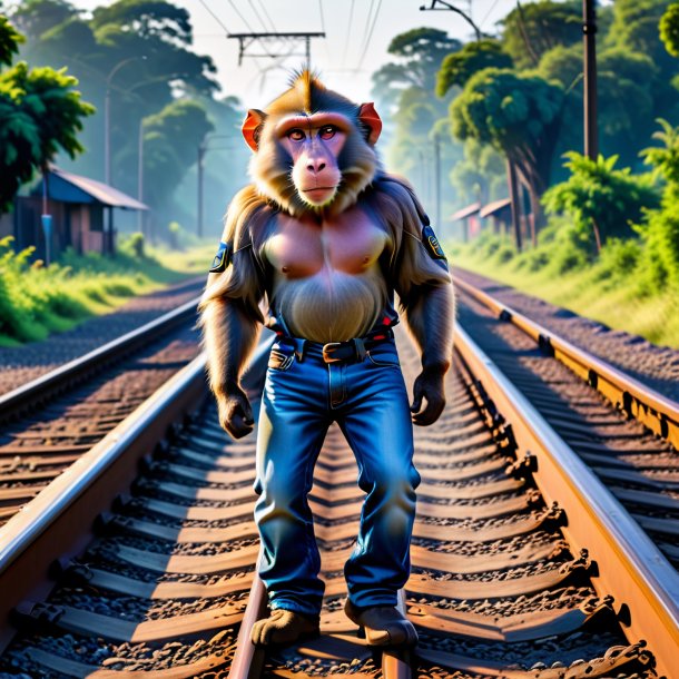 Foto de un babuino en jeans en las vías del tren