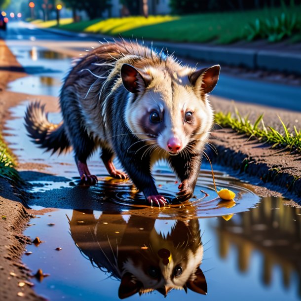 Photo of a drinking of a possum in the puddle