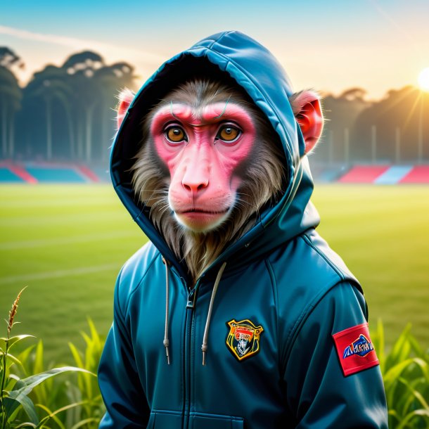 Picture of a baboon in a hoodie on the field