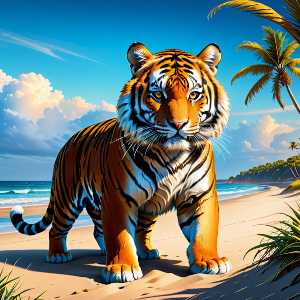 Drawing of a tiger in a belt on the beach