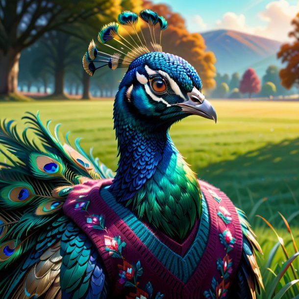 Ilustración de un pavo real en un suéter en el campo