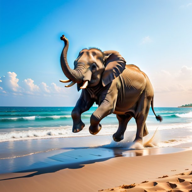 Picture of a jumping of a elephant on the beach