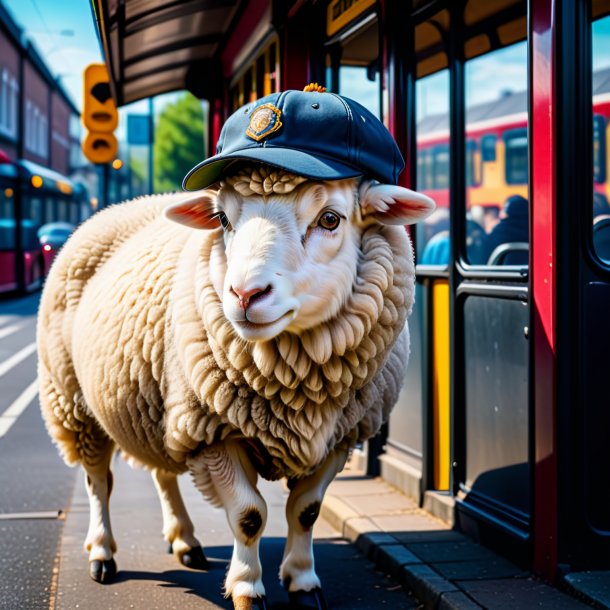 Image of a sheep in a cap on the bus stop