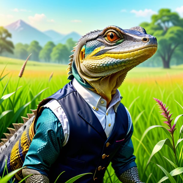 Illustration of a monitor lizard in a vest in the meadow