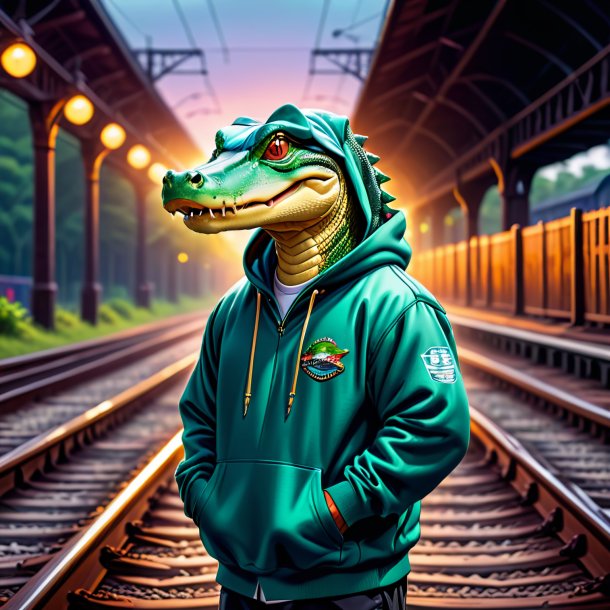 Illustration of a alligator in a hoodie on the railway tracks