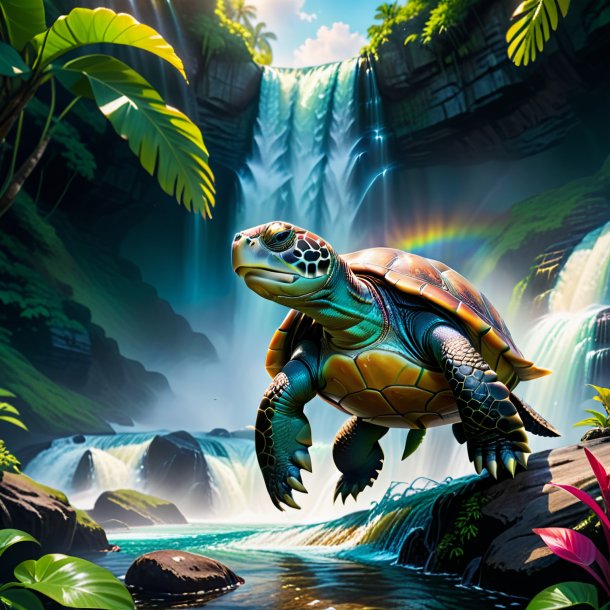 Picture of a turtle in a belt in the waterfall