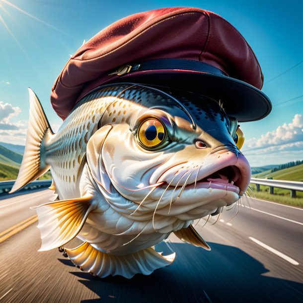 Picture of a haddock in a hat on the highway