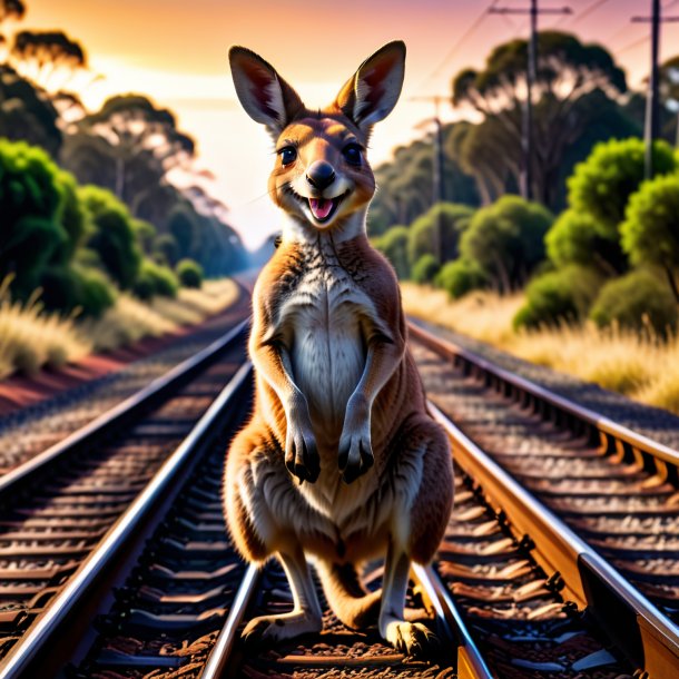 Image of a smiling of a kangaroo on the railway tracks