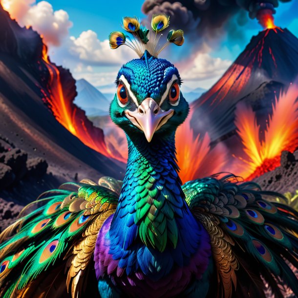 Photo of a smiling of a peacock in the volcano