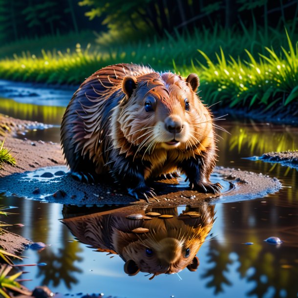 Photo of a waiting of a beaver in the puddle