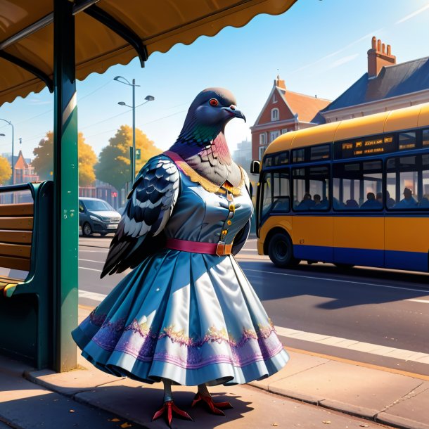 Ilustração de um pombo em um vestido no ponto de ônibus