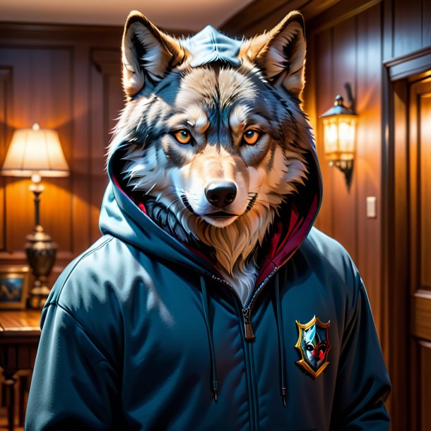 Photo of a wolf in a hoodie in the house