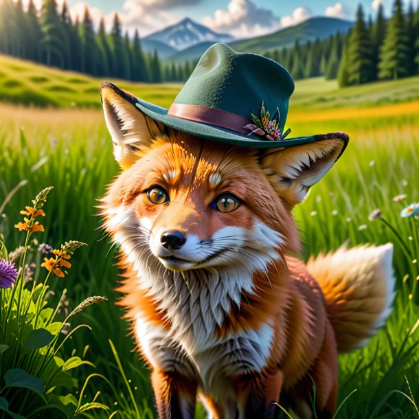 Image of a fox in a hat in the meadow