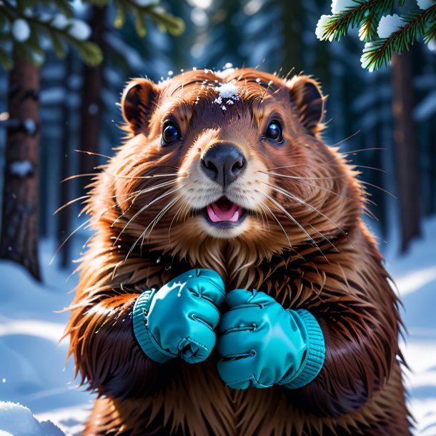 Image of a beaver in a gloves in the snow