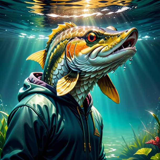 Illustration of a pike in a hoodie in the water