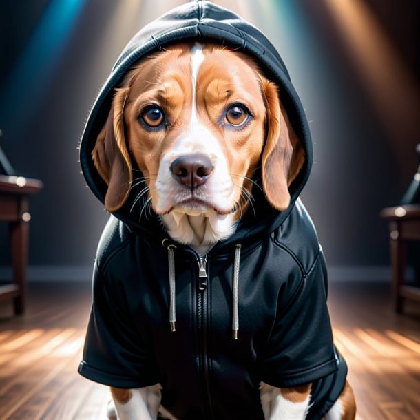 Photo of a beagle in a black hoodie