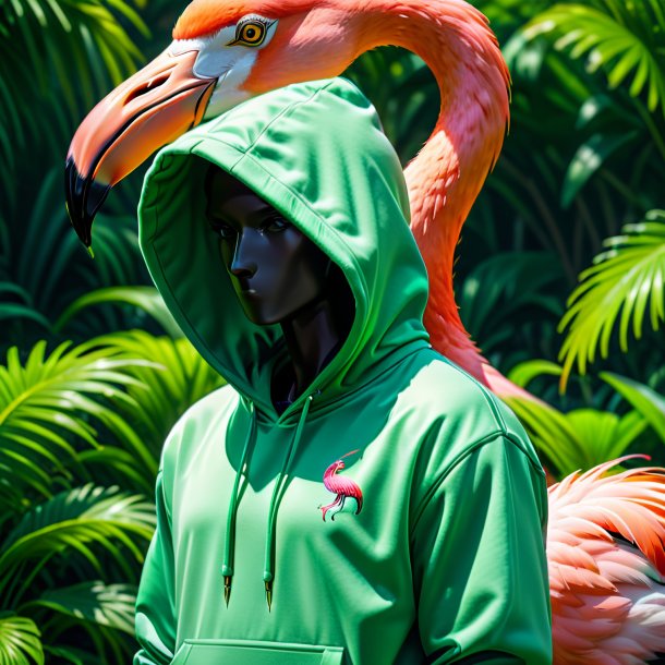 Pic of a flamingo in a green hoodie