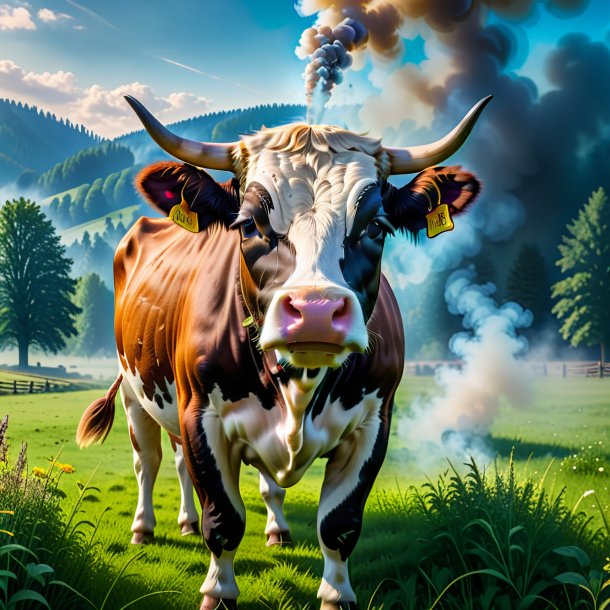 Photo d'un fumeur d'une vache dans la prairie