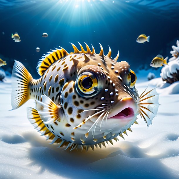 Pic of a swimming of a pufferfish in the snow