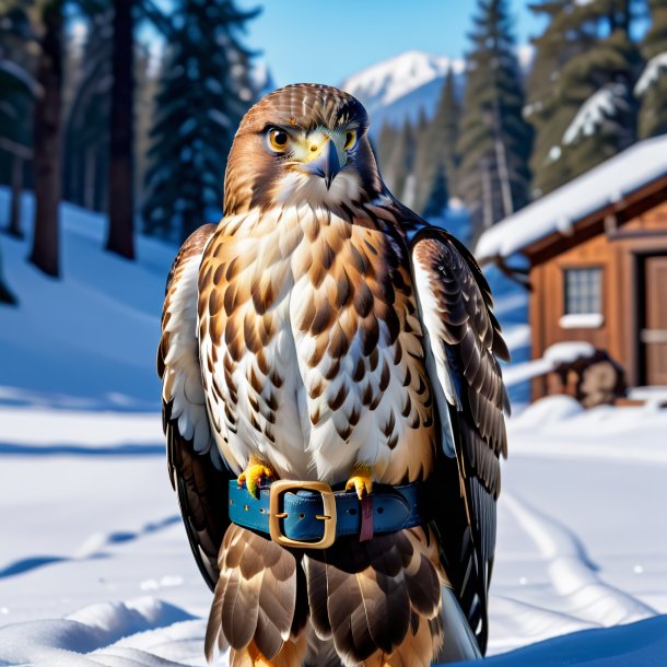 Photo of a hawk in a belt in the snow