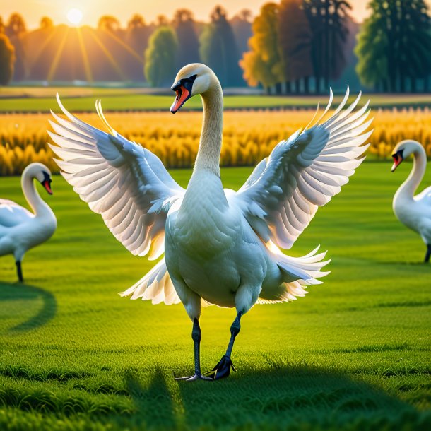 Picture of a dancing of a swan on the field