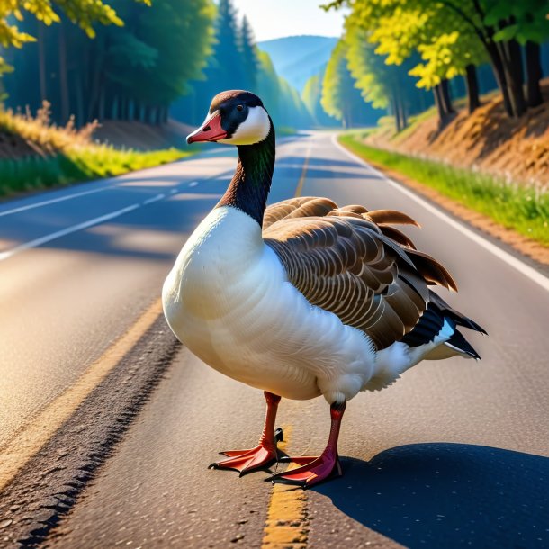 Picture of a goose in a belt on the road