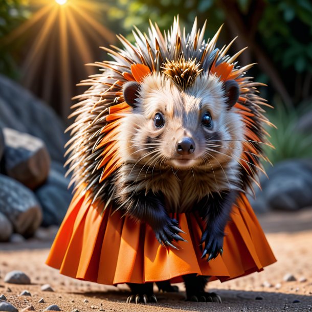 Pic of a porcupine in a orange skirt