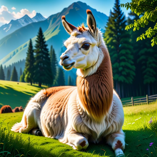 Picture of a resting of a llama in the meadow