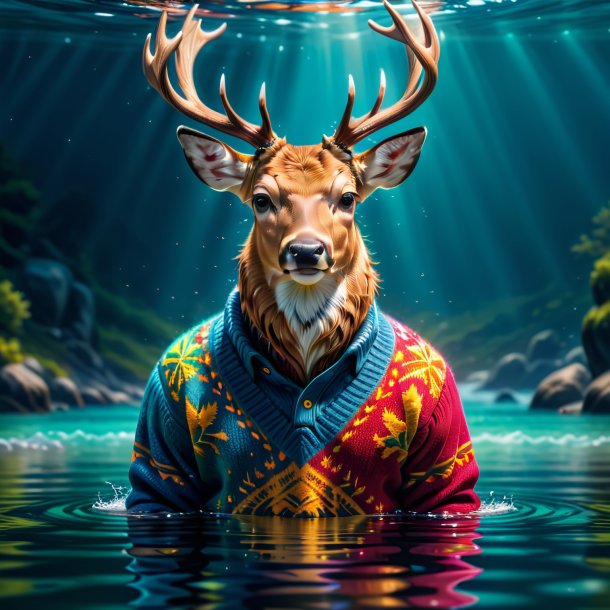 Picture of a deer in a sweater in the water