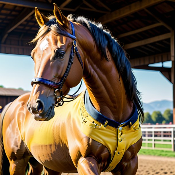 Foto de un caballo en un vaquero amarillo