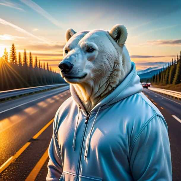 Photo of a polar bear in a hoodie on the highway