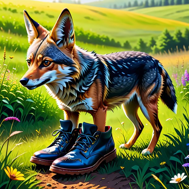 Illustration d'un chacal dans une chaussure dans la prairie