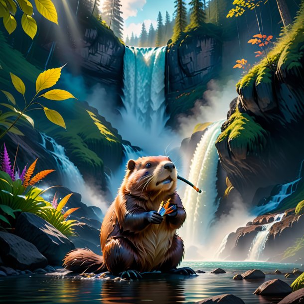 Pic of a smoking of a beaver in the waterfall