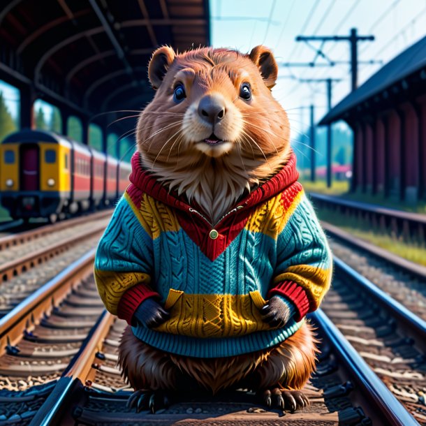 Image of a beaver in a sweater on the railway tracks