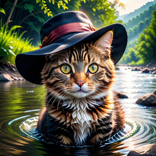 Foto de um gato em um chapéu no rio