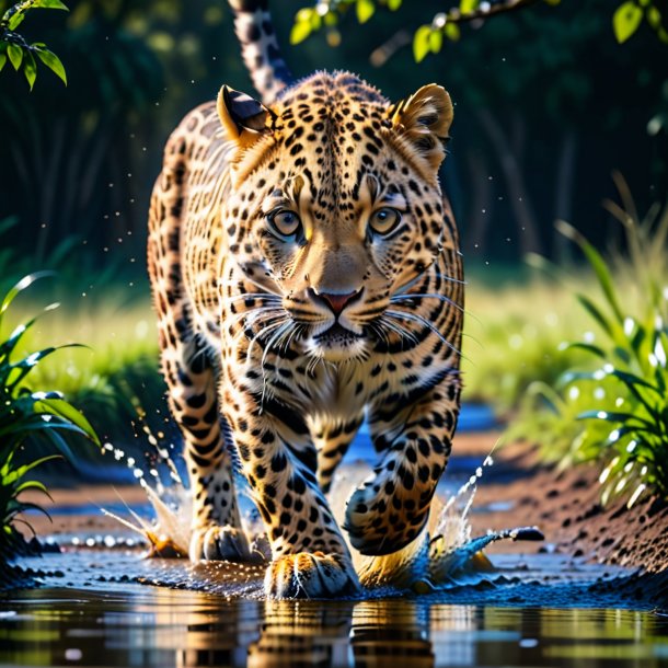 Pic of a jumping of a leopard in the puddle