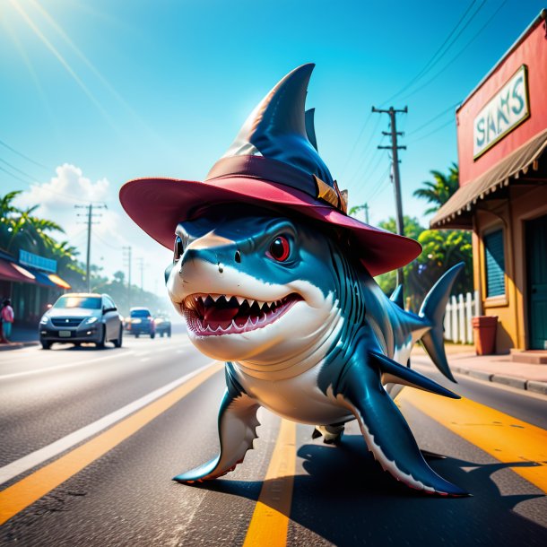 Picture of a shark in a hat on the road