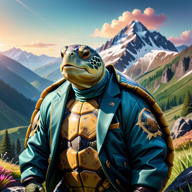 Image of a turtle in a jacket in the mountains