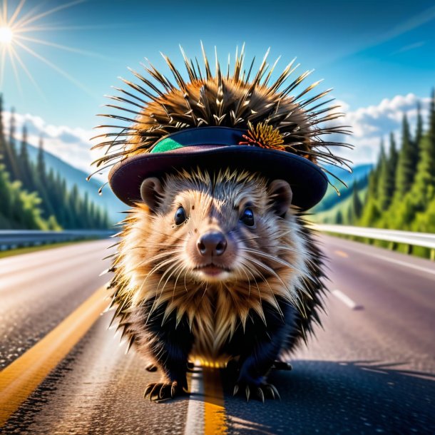 Foto de um porco-espinho em um chapéu na estrada