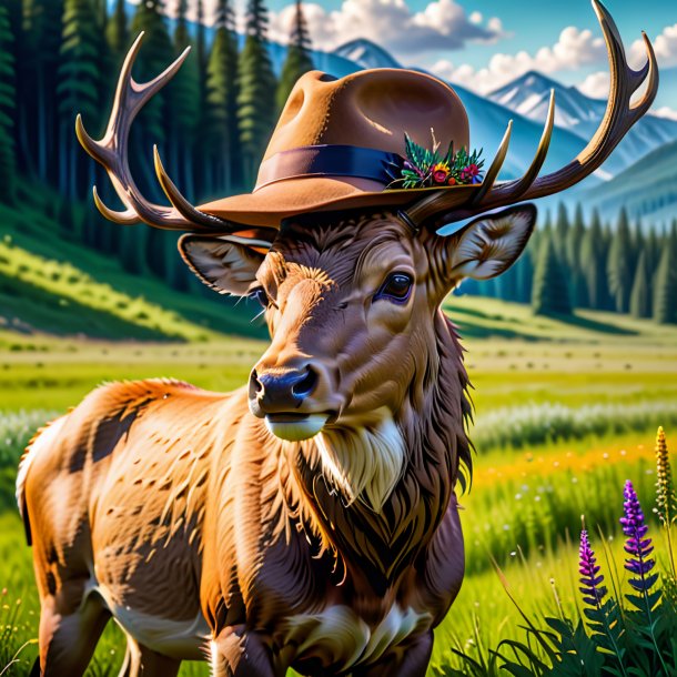 Photo d'un wapiti dans un chapeau dans la prairie