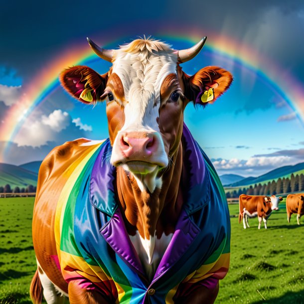 Imagen de una vaca en un abrigo sobre el arco iris