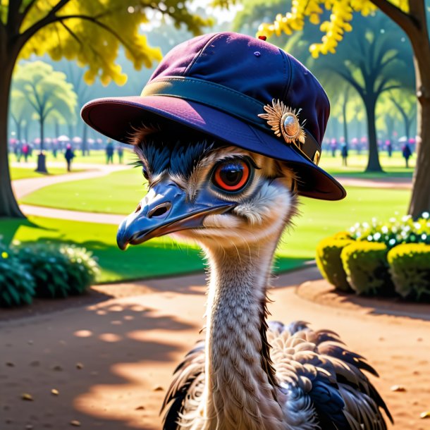 Imagem de um avestruz em um boné no parque