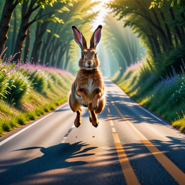 Foto de um salto de uma lebre na estrada