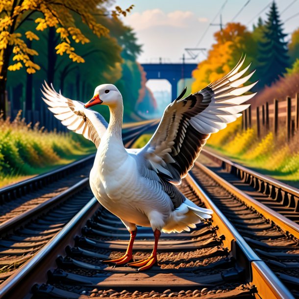 Picture of a dancing of a goose on the railway tracks