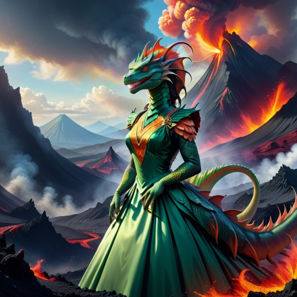 Illustration of a basilisk in a dress in the volcano