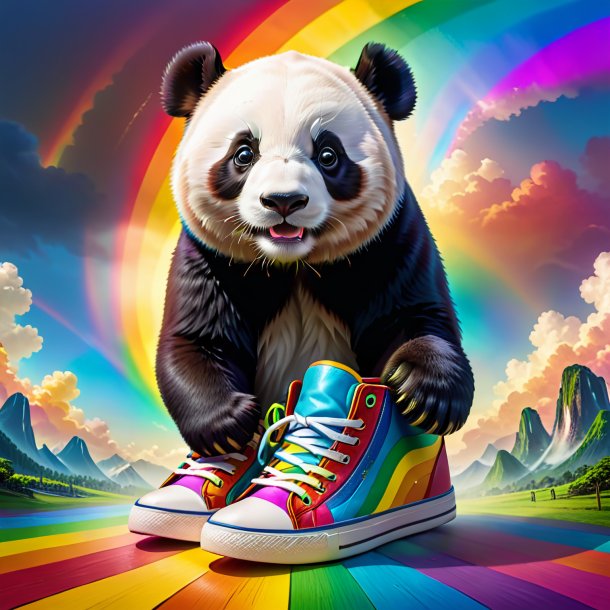 Drawing of a giant panda in a shoes on the rainbow