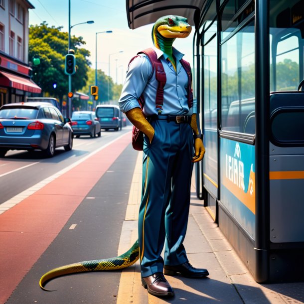 Photo of a snake in a trousers on the bus stop
